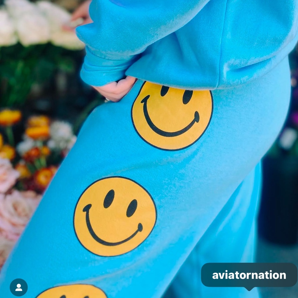 Aviator Nation Medium Light Blue Track Joggers with Yellow Smiley Faces - Picture 8 of 9